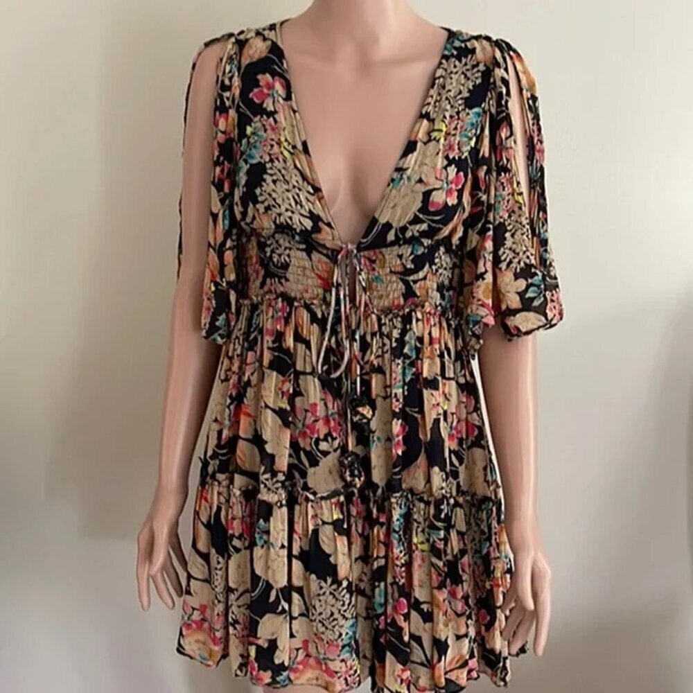 EUC Love Sam boho floral tie front smock waist open sleeve dress size S